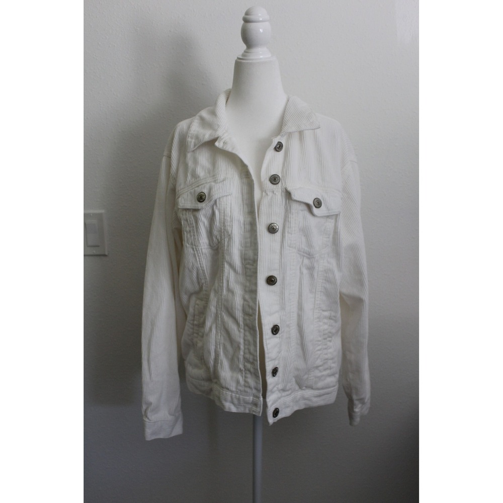 Forever 21 Women's White Corduroy Trucker Jacket Size Large Cotton Button Up